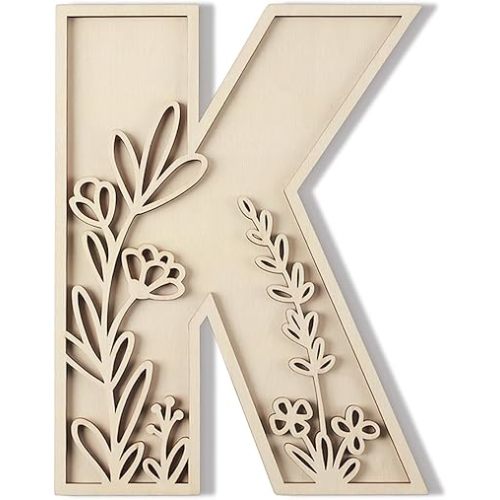 Layered 12 Inch Large Wooden Letters for Wall Decor, Flowered Paintable Wooden Nursery Letters for Crafts Wood Alphabet Letter K for Birthday Boho Nursery Name Sign Wedding Home Decoration