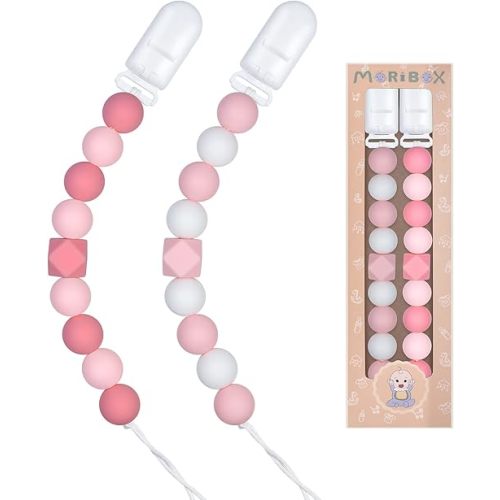 Pacifier Clips for Baby Boys Girls Paci Clip Holder Birthday Gift 2 Pack (Pink)