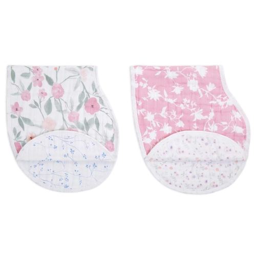 aden + anais 100% Cotton Muslin Burpy Bib – Multi-Use, Absorbent 4-Layer Burp Cloth and Full-Coverage Snap-Closure Baby Bib in One, Lap-Shoulder Drool Cloth, 22.5” X 11”, 2-Pack, Mon Fleur