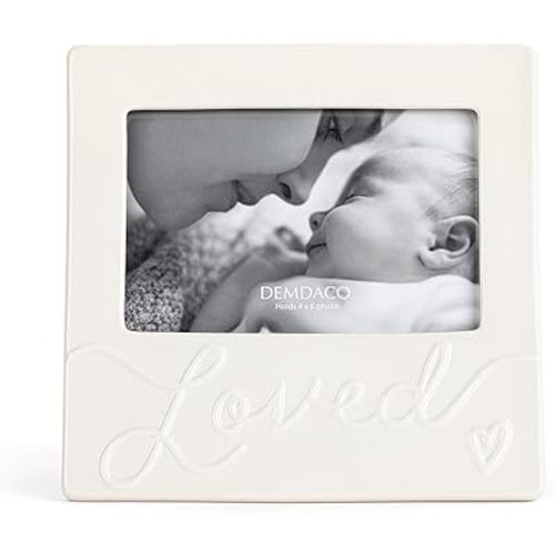 DEMDACO Luxurious Baby Holds 4 x 6 Inch Photo Ceramic Stoneware Wall or Tabletop Picture Frame Cream Color, Loved