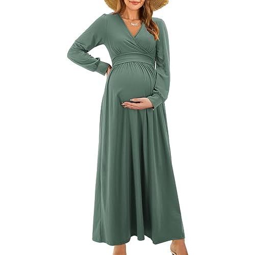 OUGES Maternity Maxi Dress Wrap V Neck Baby Shower Pregnancy Dresses for Photoshoot