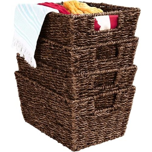 Best Choice Products Rustic Set Of 4 Multipurpose Stackable Seagrass Storage Basket, Handwoven Laundry Organizer Totes for Bedroom and Living Room, Shelves, Pantry w/Insert Handles - Brown
