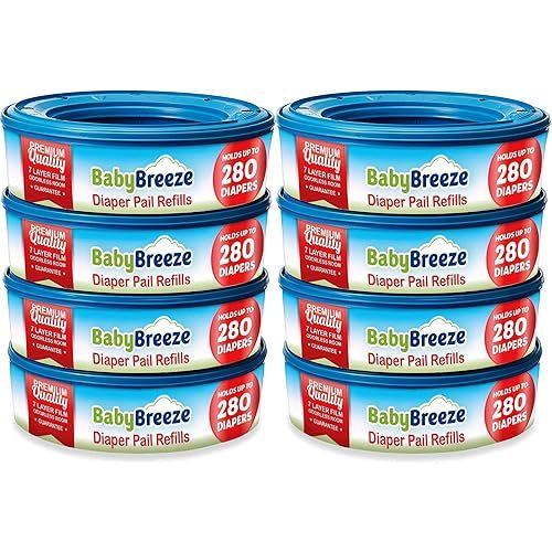 BabyBreeze Diaper Pail Refill Bags Compatible with Playtex Diaper Genie Pails Odor Absorbing Diaper Disposal Trash Bags - 2240 Count (8-Pack)