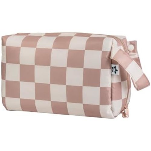 Tiny Twinkle Waterproof Travel Toiletry & Makeup Bag Organizer | Makeup Pouch with Multiple Compartments & Snap Handle for Travel | Gift for Teen Girls and Women（Beige Checkers