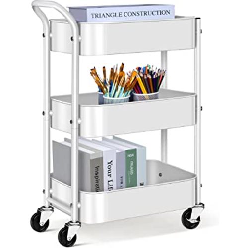 AOODA 3 Tier Under Desk Metal Rolling Cart with Handle and Lockable Wheels, 27'' Height Small Book Cart Mobile Art Cart Rolling Storage Organizer for Office, Bathroom, Kitchen, Nursery (White)