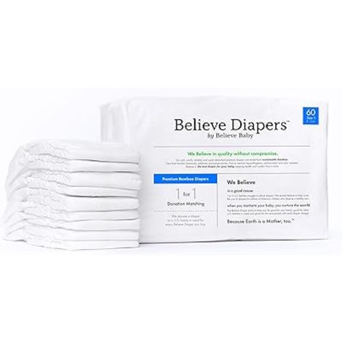 Believe Baby 100% Bamboo Viscose Baby Diapers Size 1 - Premium, Super-Absorbent, Hypoallergenic for Sensitive Skin, Chemical-Free, Unscented Diaper for Babies 8-14 lbs - 60 Ct