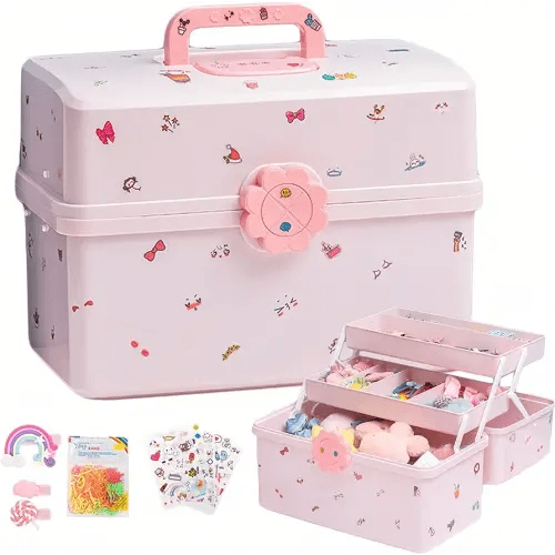 SEAHOME Hair Accessories Organizer for Girls Headbands, Clips, Ties Baby Girl Supplies, Lockable Three-layer Folding Craft Organizers and Storage Plastic Jewelry Box, 11.4x6.3x6.3in