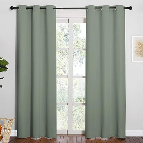 NICETOWN 84 inches Blackout Curtains for Office and Theater, Thermal Insulated Solid Grommet Drapes for Living Room (Greyish Green, 1 Pair, 42 inches Wide)