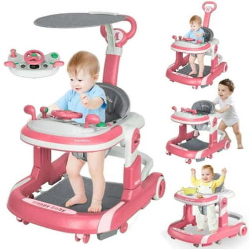 OUYI 4-in-1 Foldable Baby Walker & Activity Center for 6 - 36 Months Baby Boys & Girls, with Toys Tray & 4-Gear Height Adjustment(Watermelon Red)