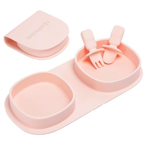 Silicone Foldable Novelty Dinner Plates, Baby Plates Travel Essential with Forks and Spoons, Microwave & Dishwasher Safe, Blush