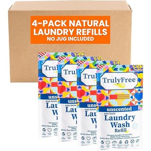 Truly Free Laundry Wash Detergent for Sensitive Skin | Gentle & Safe for Baby Clothes | Plant-Based, Natural Ingredients | Unscented | Refill Only (200 Loads)