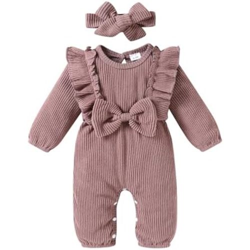 Happy Town Baby Girl Romper Infant Fall Winter Clothes Ruffle Sweater Long Sleeve Bodysuit Jumpsuit and Headband