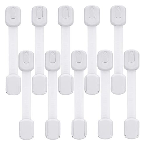 Child Safety Cabinet Locks - (10 Pack) Baby Proofing Latches to Drawer Door Fridge Oven Toilet Seat Kitchen Cupboard Appliance Trash Can with 3M Adhesive - Adjustable Strap No Drill No Tool - White