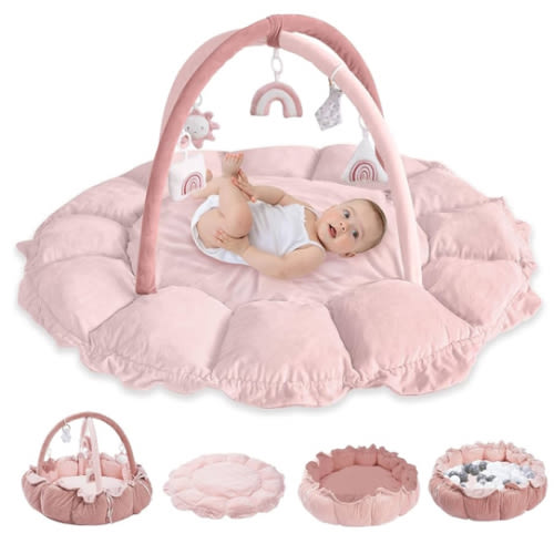HAN-MM 5-in-1 Convertible Baby Play Gym with 6 Toys, Tummy Time Mat for Sensory Development, Baby Activity Center from Newborn to Toddler, Ball Pit, Cat & Dog Bed, Soft Plush Pet Bed, Pink