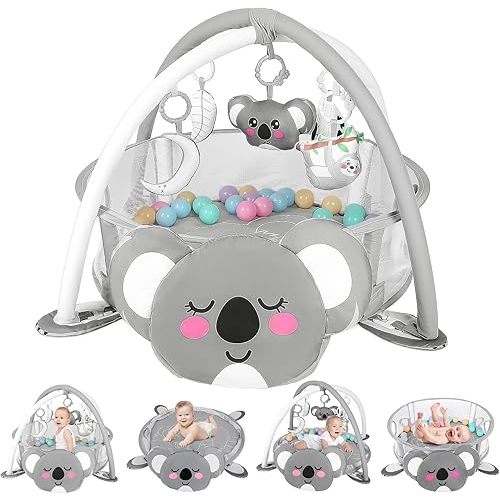 dearlomum 4-in-1 Baby Play Mat Baby Gym,Tummy Time Mat for Floor Activity Gym Ball Pit Including 30 Balls with 5 Infant Learning Sensory Baby Toys for Newborn Toddler Boy & Girl Gifts(Koala)