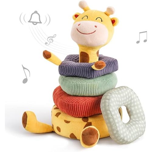 TUMAMA Plush Stacking Rattles Baby Toy Giraffe Stacks of Circles STEM Montessori Toy Baby Shower Deer Woodland Stuffed Animals Gift for 3 6 9 12 18 Months 1 Year Olds Infant Toddler Boy Girl