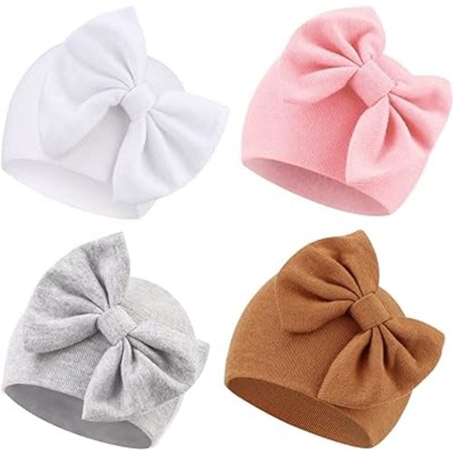 DRESHOW BQUBO 4 Pack Newborn Hospital Hat Infant Baby Hat Cap with Big Bow Soft Cute Knot Nursery Beanie - 4 Pack: Pink,white,gray,coffee(0-6 Months)