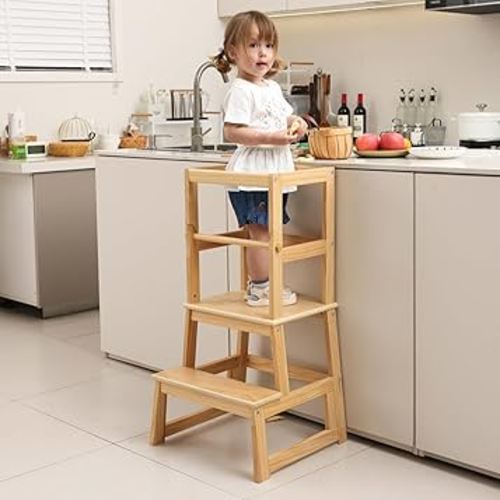 Kids Kitchen Step Stool for Kids with Safety Rail,Solid Wood Construction Toddler Learning Stool, Montessori Toddlers Kitchen Stool Tower(Natural)