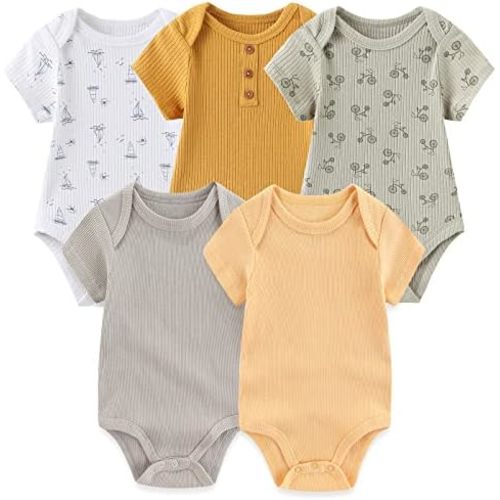 MAMIMAKA Newborn Baby Short Sleeve Bodysuit Cotton One-Piece Baby Clothes 5-Pack, 0-12 Months