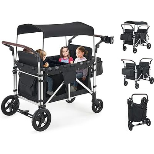Stroller Wagon for 4 Kids, Wagon Cart Featuring 4 High Seat with 5-Point Harnesses and Adjustable Canopy, Foldable Double Push Bar Wagon Stroller for Garden, Stroller, Camping (Black)