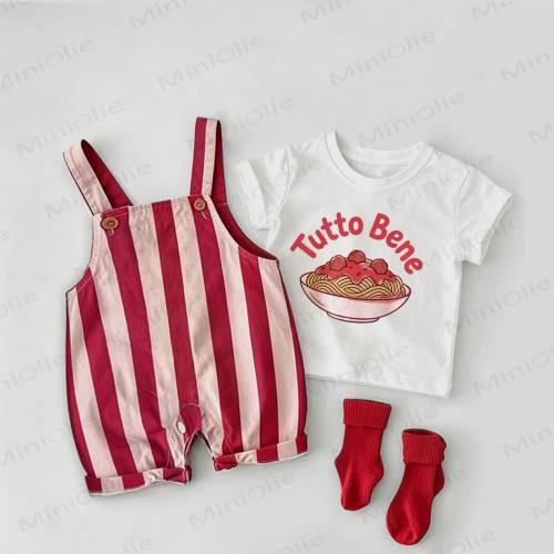 TUTTO BENE Baby Pasta Red Stripe Overalls and White Tee 2-piece Set