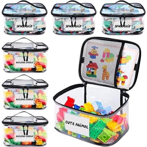 6 Pack Clear Toy Storage Bag with Name Tag& Manual Pocket, Waterproof Transparent PVC Toy Organizer Case for Lego Bricks, Board Games, Building Blocks, Puzzles (Large Capacity, Black)