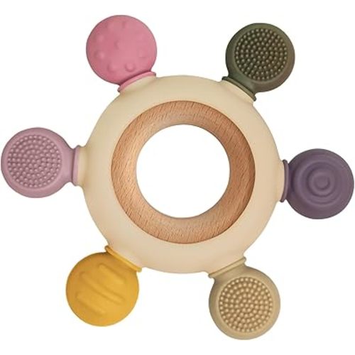 Baby Teething Toys with Wooden Ring, Teethers for Babies 3-6 Months, Wooden Baby Toys, Easy to Grasp Toy for Baby Teething Relief, Chew Toys for Sucking Needs, Silicone Baby Teether BPA Free