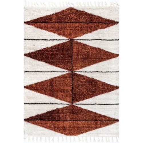 Nuloom Kali Geometric 7x9 Shag Indoor Area Rug For Living Room Bedroom Dining Room Nursery Kitchen, Rust/ivory