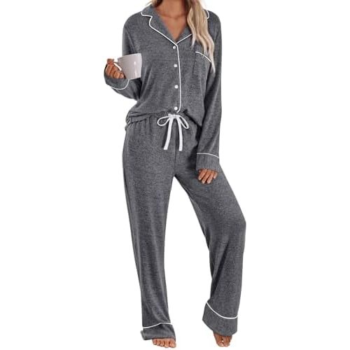 Women's Long Sleeve Pajama Set - Soft Button-Down Top & Comfortable Drawstring Pants with Pockets