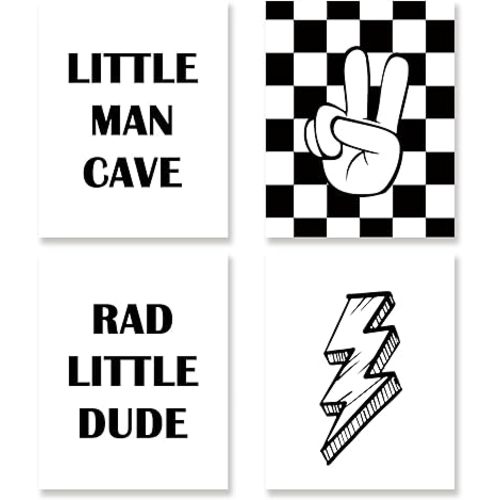 KSDUT Black and White Wall Art Decor Set of 4 - Rad Little Dude Artwork Poster Prints Wall Decor Retor Checkered Lightning Peace Sign Wall Art for Nursery Toddler Room Decorations - 8"x10" Unframed