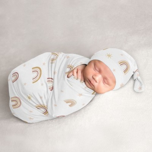 Sweet Jojo Designs Girl Baby Cocoon and Beanie Hat Swaddle Wrap Boho Rainbow Multicolor 2pc