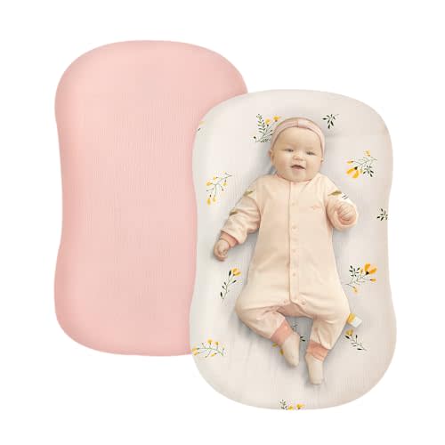 Grnstf Muslin Baby Lounger Cover 2 Pack, 100% Cotton Newborn Lounger Cover, Soft and Breathable Lounger Slipcover for Boys Girls, Covers Only (Pink,Flower)
