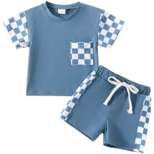 Sejardin Toddler Baby Boy Summer Clothes Plaid Patchwork Short Sleeve T Shirt Tops and Stretch Shorts Infant Boy Outfit