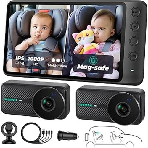Magnetic Dual Baby Car Camera for Two Kids, 1080P IPS Display with Magnetic Mount, 3 Modes(Zoom/Mirror/Split), Automatic Night Vision, USB-Powered Car Camera for Baby Rear Facing (2 Cams)