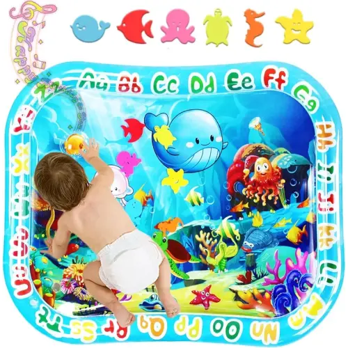 GARNHLOB Baby Water Mat Large 37.4"x29.9", Safe Inflatable Tummy Time Water Play Mat for Infants & Toddlers with Climate Pledge Friendly, Newborn Sensory Water Pad for Christmas Gift (Blue)