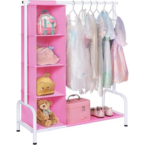 Univivi 43" Tall Kids Clothing Rack, Toddler Dress Up Storage with Hanging Organizer – Sturdy Metal Baby Closet, Space-Saving for Nursery & Bedroom, Pink/White