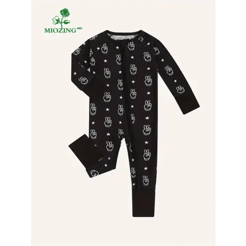 MIOZING Newborn Baby Comfy Bamboo Fiber Peace Gesture Print Long Sleeve Zipper Bodysuit