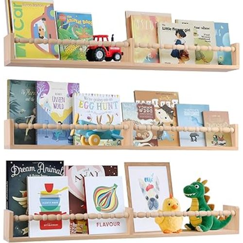 Nursery Book Shelves for Kids Rooms Set of 3,Wall Bookshelves for Kids Designed with Decorative Beads,Floating Nursery Shelves (31inches Natural)