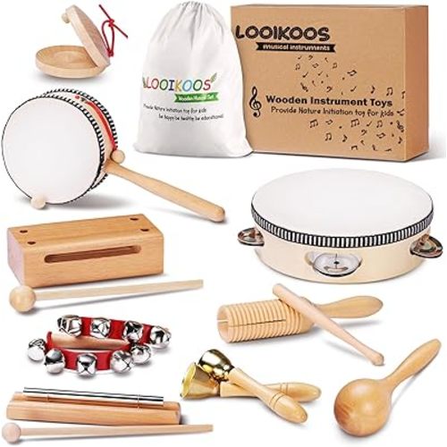 LOOIKOOS Montessori Natural Wooden Musical Instruments Set for Toddlers Preschool Educational Percussion Toys with Storage Bag, Safe Early Learning Toys for Boys Girls (3+)