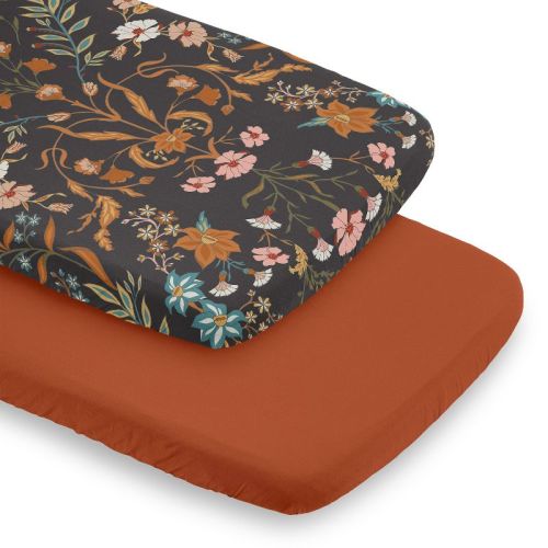 Sweet Jojo Designs Girl Baby Bassinet Fitted Sheets Set Boho Floral Wildflower Black Orange and Blue 2pc