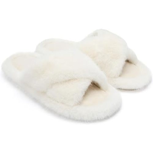 Chantomoo Women's Slippers Cross Band Fuzzy Slippers Memory Foam Slippers for Women Plush Comfy Bedroom Faux Fur Slipper Slides House Shoes Anti-Skid Sole Trendy Gift Slippers