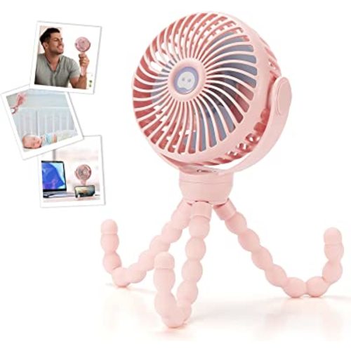snawowo Upgraded Portable Baby Stroller Fan, 360°Rotate Rechargeable Mini Clip on Fan with Flexible Tripod for Treadmill Crib Car Seat Travel, 4000mAh Battery Powered Handheld Fan (Pink)
