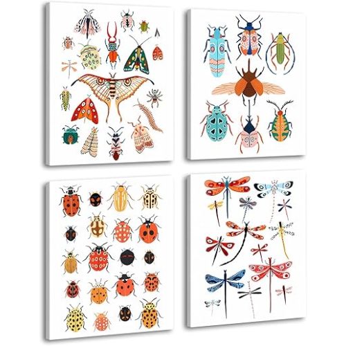 Framed Colorful Insect Wall Art Prints,Moths Print,Beetle Ladybug Decor,Butterfly Wall Art,Insect Educational Images Poster for Children's Room Schools Classrooms Decor,Set of 4(8"X10")