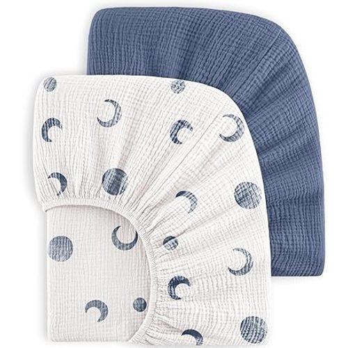 Bearmoss Muslin Crib Sheets 100% Cotton Baby Crib Sheets Soft&Breathable Nursery Sheet 52"x28" for Standard Crib Mattress&Toddler Bed Mattress - 2 Pack (Blue Crescent)
