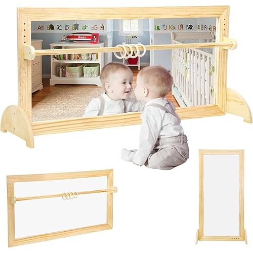 Montessori Mirror Baby Wall 3-in-1 Shatterproof Infant Coordination Mirror & Wooden Pull Up Bar - Enhance the baby's self-awareness and spatial sense，It is suitable for nurseries and home schools