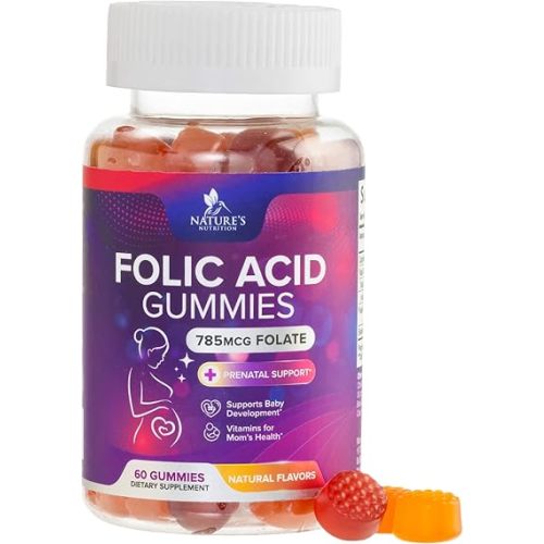 Folic Acid Gummies for Women 785 mcg, Essential Prenatal Vitamins for Mom & Baby, Vegan Folic Supplement Gummy, Daily Vitamin B9 Extra Strength Folate, Before During After Pregnancy - 60 Gummies