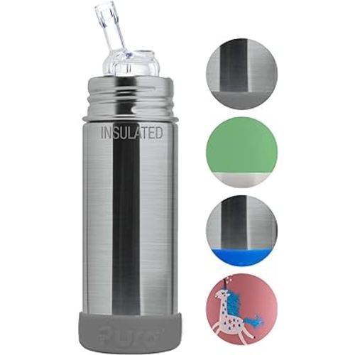 Pura Kiki 9oz/260 ml Stainless Steel Insulated Bottle w/Silicone Straw & Sleeve, 100% Plastic-Free, MadeSafe Certified, Medical-Grade Silicone Straw for Kids, Toddlers, Babies & Infant - Slate Bumper