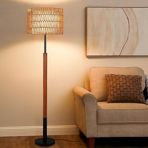 Boho Floor Lamp: 3-Way Dimmable Rattan Floor Lamp, Wood Floor Lamp with Rattan & Fabric Shades, Solid Wooden Pole Rattan Boho Lamp, Coastal Floor Lamps for Living Room Bedroom Office