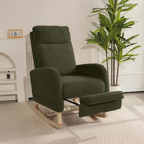 Rocking Chair Nursery with Foot Rest, Sherpa Nursing Rocking for Mom Nursery Rocker Chair with High Backrest, Armchair Rocker Glider with Side Pocket for Living Room, Bedroom, Teddy Green