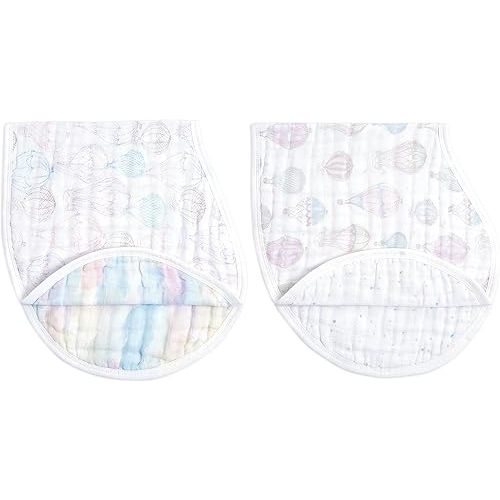aden + anais 100% Organic Cotton Muslin Burpy Bib – Multi-Use, Absorbent 4-Layer Burp Cloth & Full-Coverage Snap-Closure Baby Bib, Lap-Shoulder Drool Cloth, 22.5” X 11”, 2-Pack, Above The Clouds
